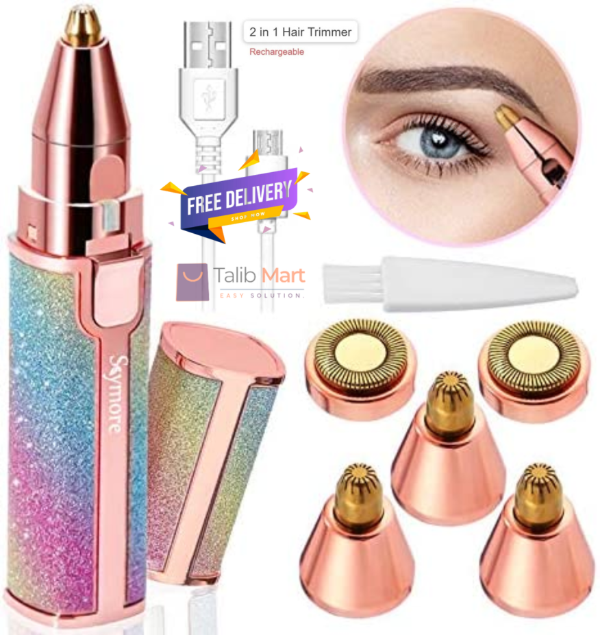 2 in 1 Rechargeable Hair Remover & Eyebrow Trimmer for Women – Painless Facial Hair Removal for Lip, Chin, Nose, Arms – Portable Electric Shaver