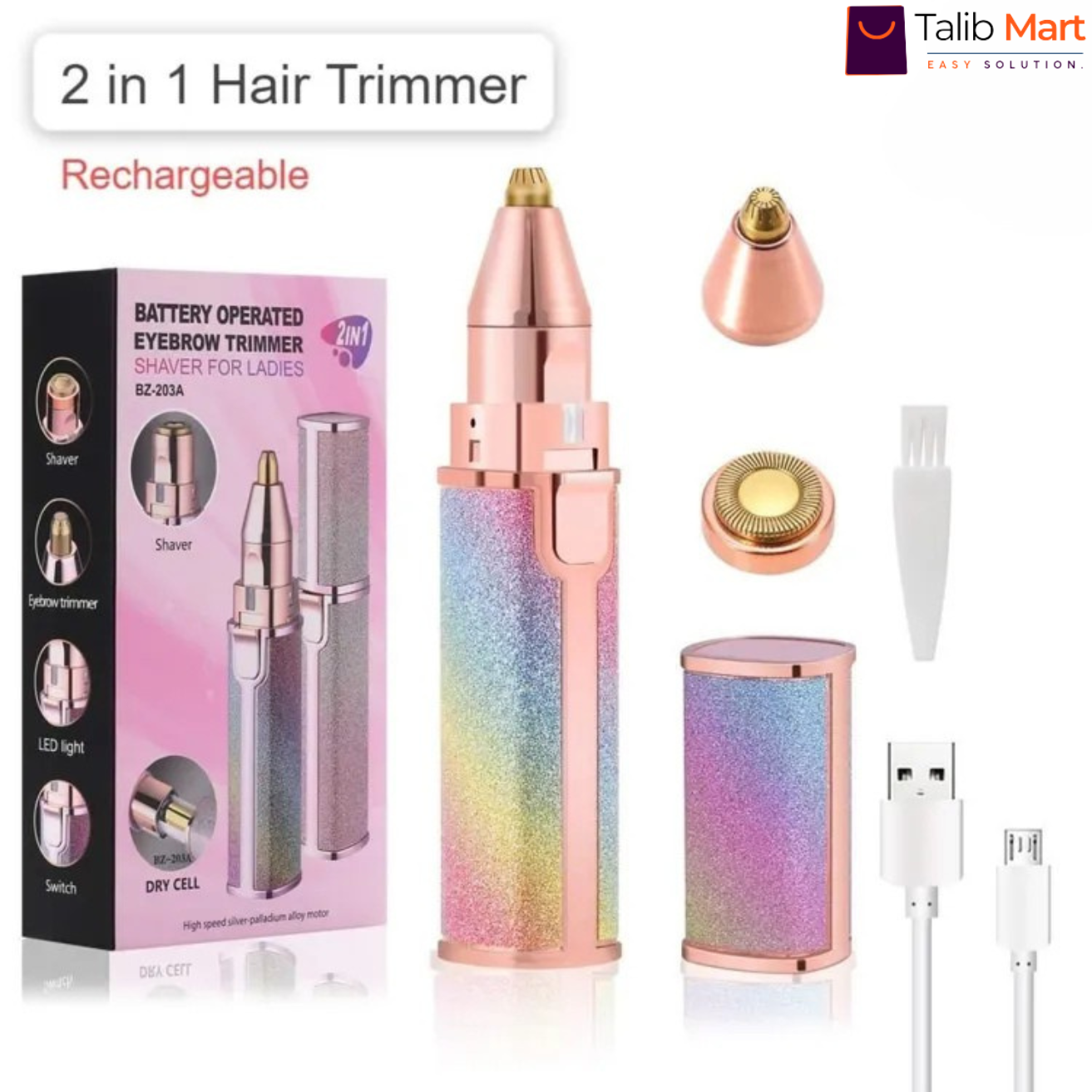 2 in 1 Rechargeable Hair Remover & Eyebrow Trimmer for Women – Painless Facial Hair Removal for Lip, Chin, Nose, Arms – Portable Electric Shaver